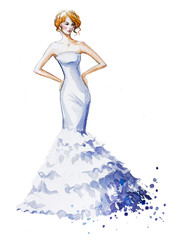 Watercolor fashion illustration, girl in a long dress
