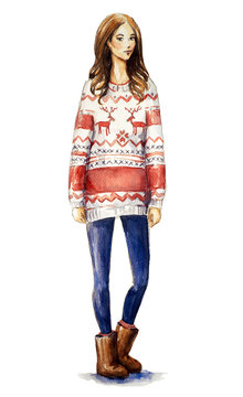 girl in a christmas sweater.Fashion illustration.