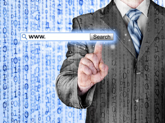 Businessman pushing virtual search bar