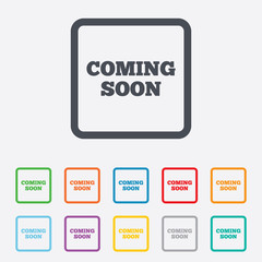 Coming soon icon. Promotion announcement symbol.