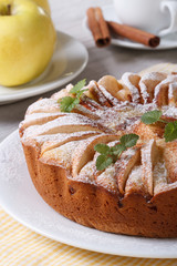 tasty apple pie with mint and coffee, closeup vertical