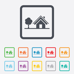 Home sign icon. House with tree symbol.