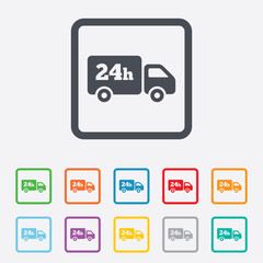 24 hours delivery service. Cargo truck symbol.