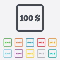 100 Dollars sign icon. USD currency symbol.