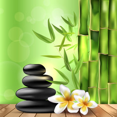 Obraz na płótnie Canvas Bamboo, frangipani flowers and stones - spa background