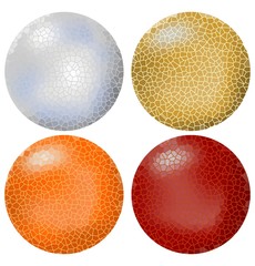 Four cracked balls in silver, gold, orange and red