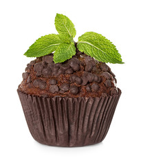 Muffin, chocolate cake with mint isolated on white background