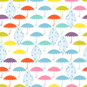 Seamless pattern with colored umbrellas and rain on a white back