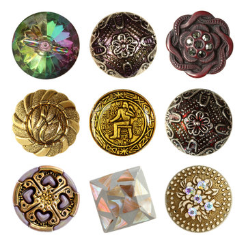 Old sewing buttons collection isolated on white background
