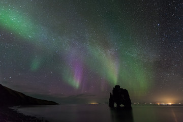 Northern light at hvitserkur, Iceland