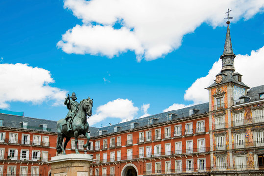 Statue of Philip III on Mayor plaza in the center of Madrid Spai