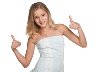 Preteen girl with her thumbs up