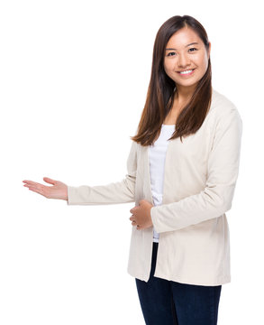 Asian woman with open hand palm