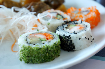 Traditional fresh japanese sushi rolls, soft focus