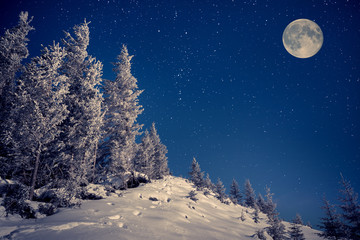ull moon in night sky in the winter mountains