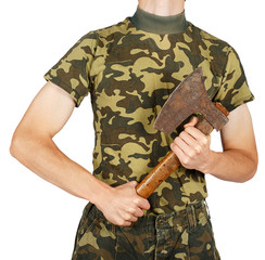 Soldier in uniform with an ax in the hands