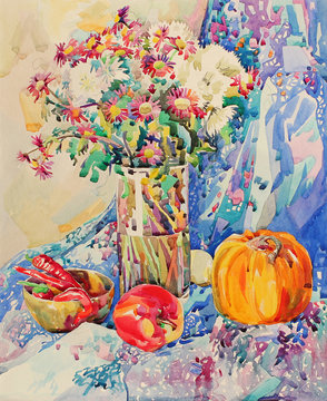 original watercolor still life with flowers