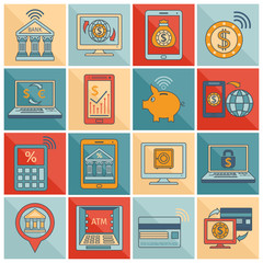 Mobile banking icons flat line