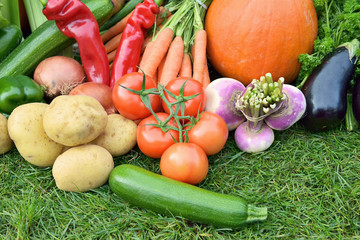 Autumn vegetables tomatoes, potatoes, carrots