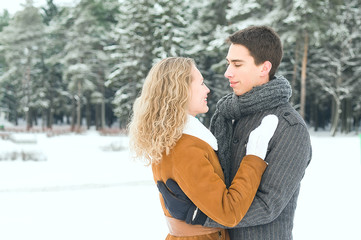 Young couple have a walk in the winter park