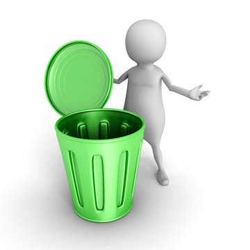 3d small person with green trash can