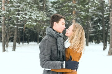 Happy Young Couple in Winter Park having fun