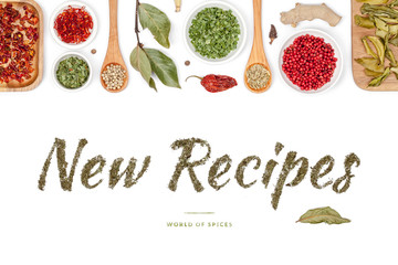 new recipes, spices and herbs on white background