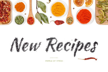new recipes, spices and herbs on white background