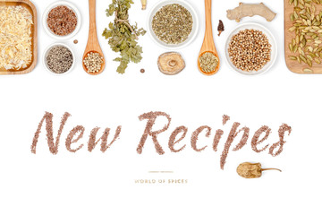 new recipes, spices and herbs on white background