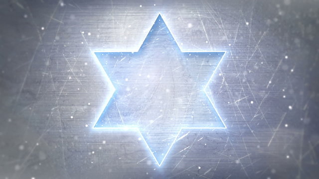 Star of David neon glowing on metal loop background