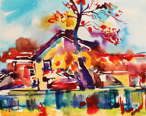 original watercolor abstract rural landscape