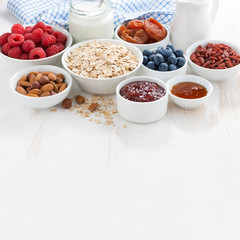 oat flakes, various ingredients for breakfast