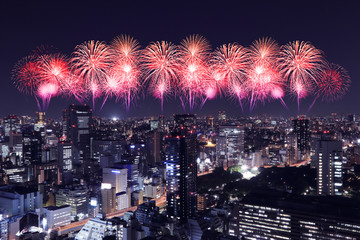 Fireworks celebrating over Tokyo cityscape at night