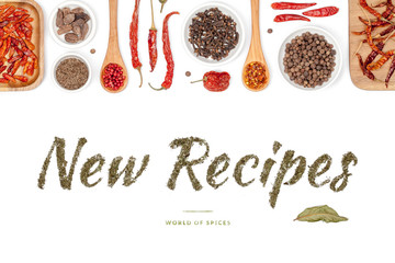 new recipes, spices and herbs on white background