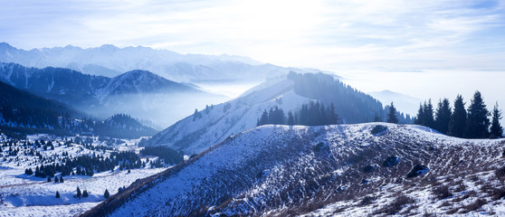 Foggy sunset in the mountains