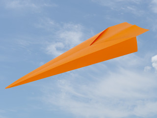 Paper plane, dart over sky background. Going down.