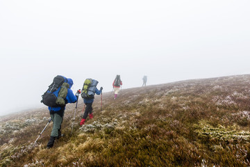 Group of hiker are walking in mountains covered with dense cloud