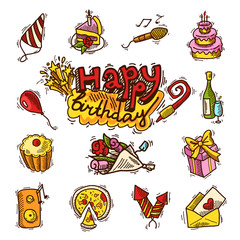 Birthday sketch color icon set