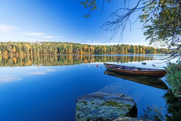 Autumn lakes at Norway moored boat