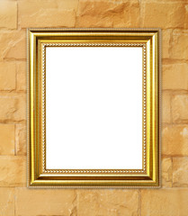 golden frame on brick stone wall background