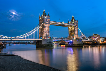 Fototapeta na wymiar Tower Bridge and Thames River Lit by Moonlight at the Evening, L