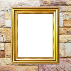 golden frame on brick stone wall background