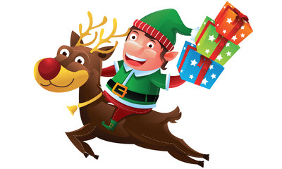 Elf riding a reindeer in Christmas with gift box