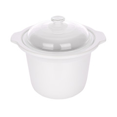 Ceramic steam pot with glass cover on white background.