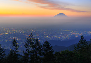 Night View and Sunrise of the Kofu city and Mt.Fuji