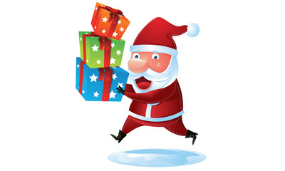 Santa bring and run with a pile of gift box in Christmas