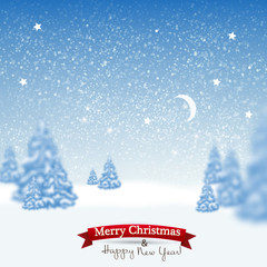 Beautiful Christmas background with blurred Christmas trees. Whi