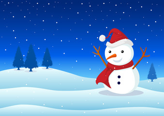 Cartoon illustration of a snowman on snowy hills