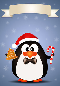 Penguin with candy cane and biscuit