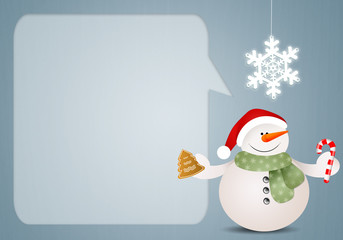 Funny snowman with candy cane and cookie